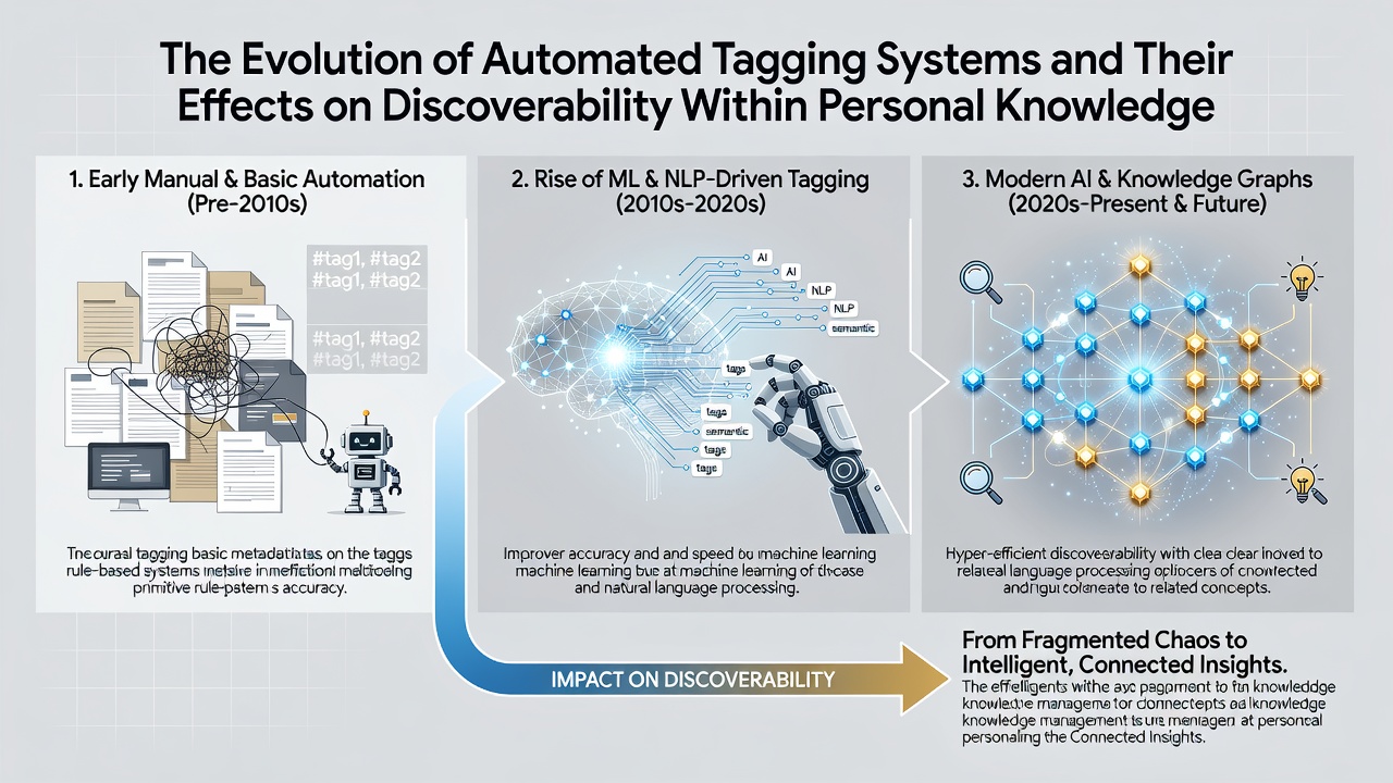 Diagram depicting how automated tags enhance search and connection discovery inside individual knowledge repositories